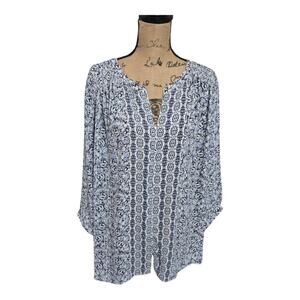 Rose & Olive Blue and White Floral Smocked Boho Blouse Plus‎ Size 3X New